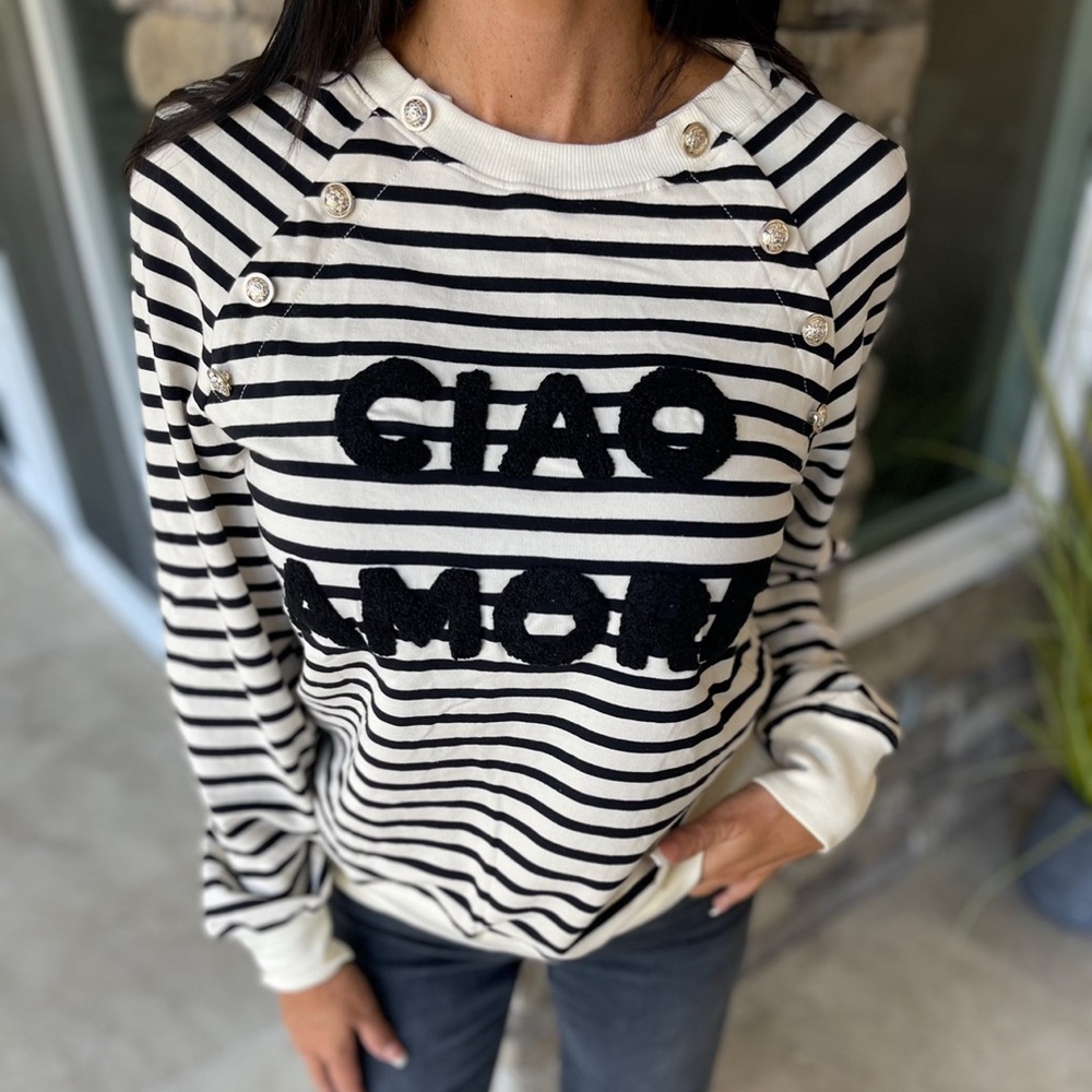 Black Stripe CIAO AMORE Graphic Buttoned Pullover Sweatshirt
